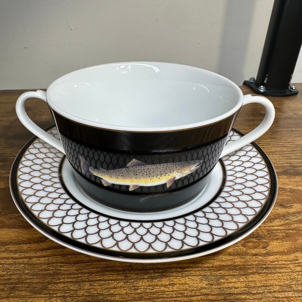 Lynn Chase American Waters Trout Cream Soup Bowl and Saucer Set 1997 Porcelain